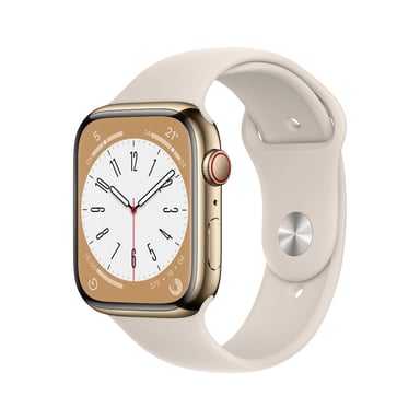 Watch Series 8 OLED 45 mm - Boîtier en Acier inoxydable Or - GPS + Cellular - Bracelet Sport - Lumière stellaire