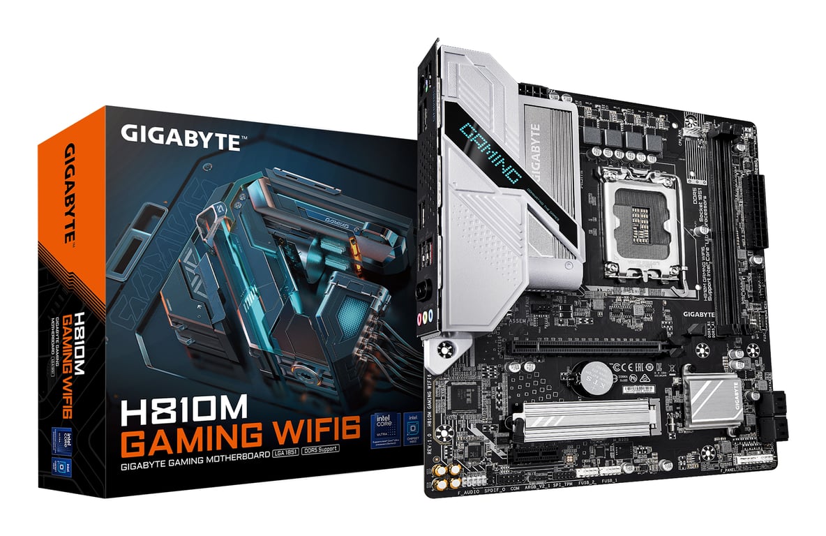 GIGABYTE H810M GAMING WIFI6 Carte mère Processeurs Intel Core Ultra Série 2 VRM 4+1+2 phases jusqu'à 6400 MHz DDR5 1xPCIe 4.0 .2 LAN 2.5GbE WIFI 6 USB 3.2 Gen 1 Neuf
