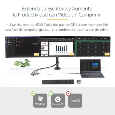 StarTech.com Adaptador Multipuertos USB-C para 3 Monitores - 4K 60Hz Doble + HDMI y DisplayPort 4K 30Hz - Hub USB de 3 Puertos - PD 100W - Docking Station de Viajes - Win/Chrome
