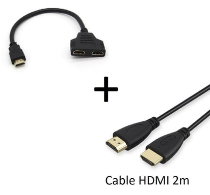 Pack HDMI pour TV et PC (Cable HDMI 2m + Adaptateur Double HDMI) Gold 3D FULL HD 4K (NOIR)