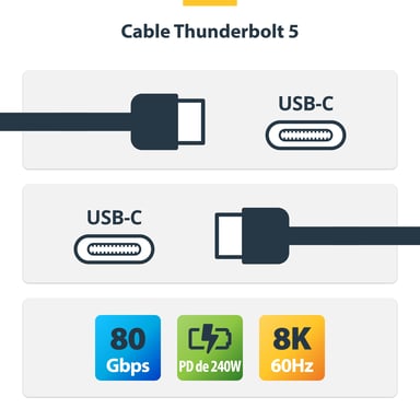 StarTech.com Câble Thunderbolt 5 de 50cm, 80Gbps/Jusqu'à 120Gbps, 240W PD, 8K 60Hz, Câble Thunderbolt Certifié, Compatible avec Thunderbolt 4/USB4/USB-C