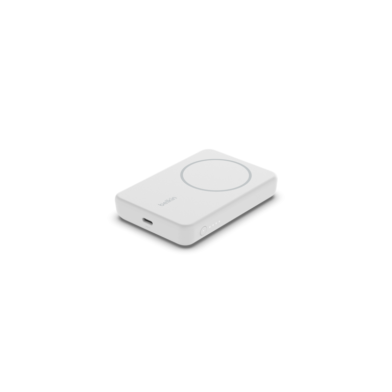 Belkin Batterie externe sans fil magnétique 5000mAh, Chargeur portable compatible MagSafe et charge Pass-Through, sortie 7,5W, entrée 10W et béquille, Compatible avec les iPhone 15, 14, 13, 12, Blanc - Neuf