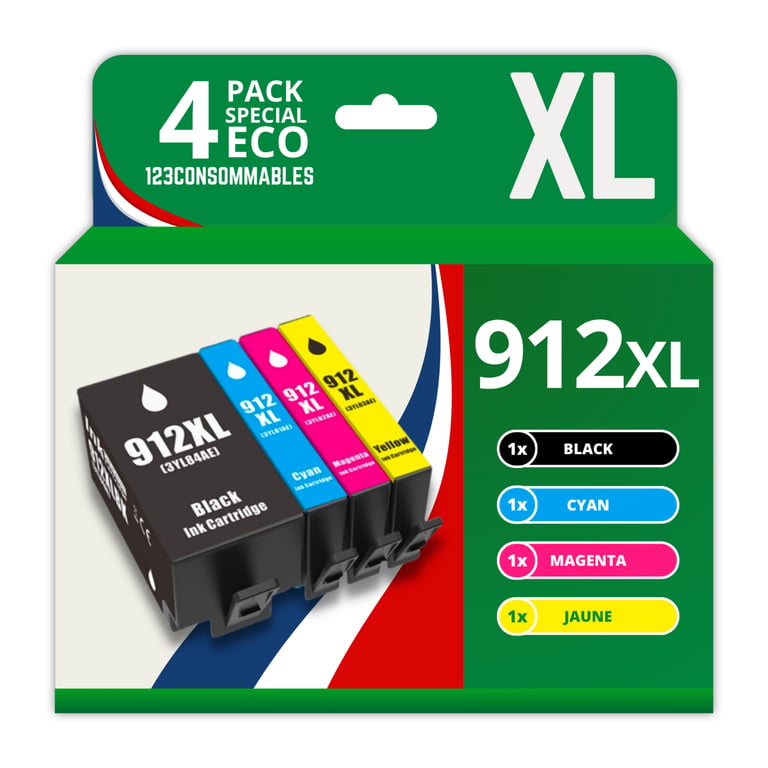 123CONSOMMABLES 912XL Pack de 4 Cartouches d'encre compatibles HP 912XL pour HP OfficeJet Pro 8022 8023 8024 8025 8030 et HP Officejet 8010 8012 8015 Neuf