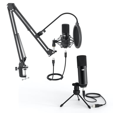 WE Pack Microphone USB pour streaming, vlogging, Podcats, enregistrements - bras réglable et orientable - filtre anti-pop - suspension anti-chocs - fixation table et trépied inclus