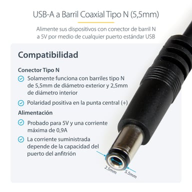 StarTech.com Cable Adaptador 1m USB A Macho a Conector Coaxial Barrel Alimentación Corriente Tipo N 5,5mm 5V DC