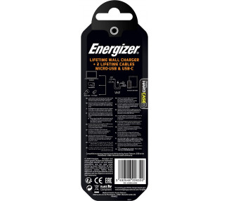 Cargador de red con garantía de por vida - 2,4A - 2USB - enchufe UE - cables USB-C 2.0 y Micro-USB incluidos.