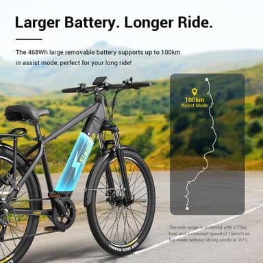 Eleglide T1 Bicicleta Eléctrica Negra con APP, Cuadro Alto, 27,5 Pulgadas, Batería 36V13Ah, Motor 250W, Enchufe UE