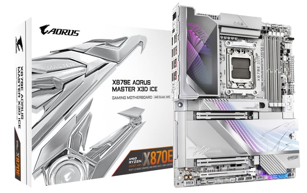 GIGABYTE X870E AORUS MASTER X3D ICE Placa Base – Compatible con procesadores AMD Ryzen 9000, VRM digital de 18+2+2 fases, hasta 9000 Hz DDR5 (OC), 2 x PCIe 5.0 + 3 x PCIe 4.0, Wi-Fi 7, LAN 10 GbE, USB 4
