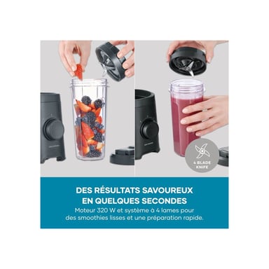 Mixeur portable Severin SM3753 Mix & Go 320 W 2 vitesses pulse 4 lames Noir avec 2 gourdes Tritan 600 ml