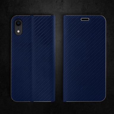 Moozy Étui portefeuille pour iPhone XR, Bleu foncé Carbone – Étui à rabat avec bordure métallique, fermeture magnétique, porte-cartes et fonction béquille