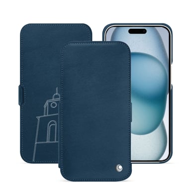 Housse cuir Apple iPhone 15 - Rabat horizontal - Blu mediterran ( Pantone #0E3043 ) - Cuir lisse premium