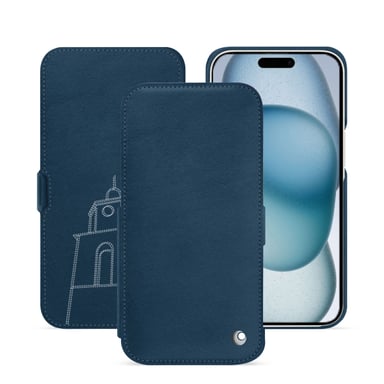 Housse cuir Apple iPhone 15 -  - Blu mediterran ( Pantone #0E3043 ) - Cuir lisse premium