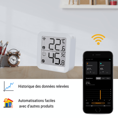 Konyks Termo 2, Termómetro e higrómetro con conexión Wi-Fi, Pantalla grande, Lectura a distancia, Activa otros dispositivos Konyks en función de las mediciones, Compatible con Alexa y Google Home.