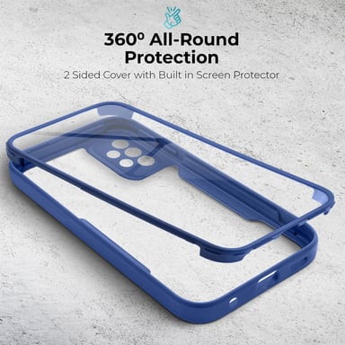 Moozy Case 360 para Samsung A23 5G/4G - Funda transparente con borde azul, protección completa de doble cara, funda con protector de pantalla integrado