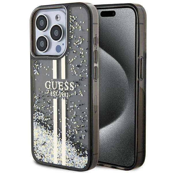 Guess Étui pour iPhone 15 Pro 6.1 étui rigide Liquid Glitter Gold Stripes