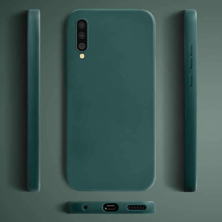 Moozy Lifestyle. Coque en silicone pour Samsung A50, vert foncé – Coque légère en silicone liquide avec finition mate et doublure en microfibre douce, coque en silicone de qualité supérieure