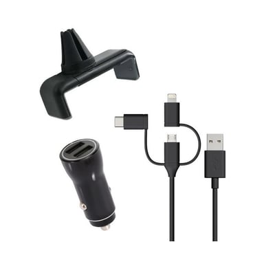 Pack Support Voiture Grip 360° + Chargeur Allume-cigare + Câble 3 en 1 Noir