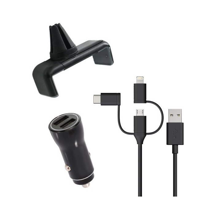 Pack 3 en 1 Chargeur de Voiture 2 USB A + Cable 3 en 1 + Support Grille - vue 2
