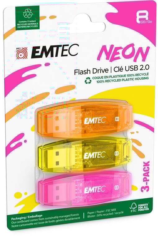 EMTEC C410 Neon Clé USB 8 Go USB 2.0 jaune pack de 3 - vue 2