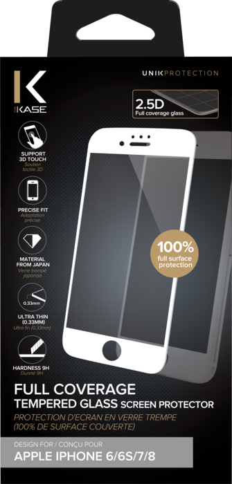 Protection d'écran en verre trempé (100% de surface couverte) pour Apple iPhone 6/6s/7/8, Blanc