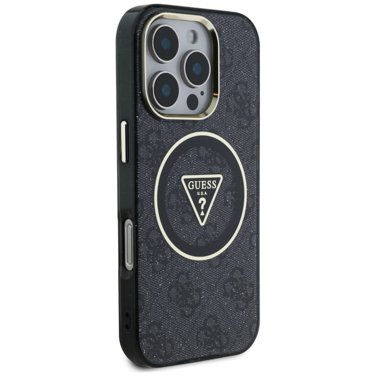 Étui Guess IML Metal Glitter 4G Circle Triangle MagSafe pour iPhone 16 Pro noir - Neuf