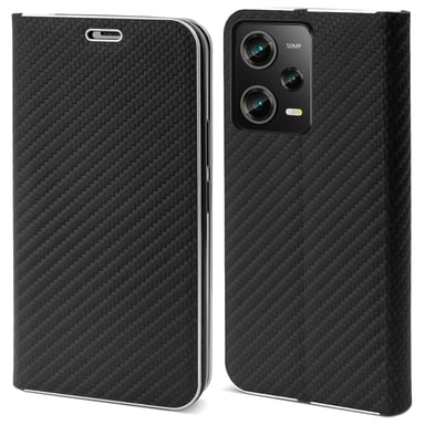 Moozy Étui Portefeuille pour Xiaomi Redmi Note 12 Pro 5G / Xiaomi Poco X5 Pro, Noir Carbone - Étui à Rabat avec Bordure Métallique, Fermeture Magnétique, Flip Cover avec Porte-Cartes et Fonction Béquille