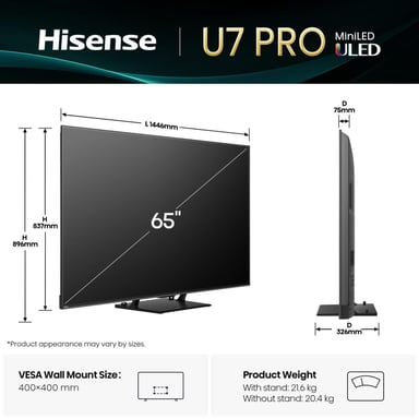 Hisense 65U7Q PRO 165,1 cm (65'') 4K Ultra HD Smart TV Wi-Fi Nero 500 cd/m²