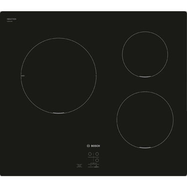 Table de cuisson induction Bosch Série 2 PUC611AA5E 60 cm 3 foyers noire Touch Select 9 niveaux PowerBoost avec minuterie - Neuf