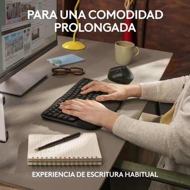 Logitech Wave Keys for Business, teclado ergonómico inalámbrico con reposamanos acolchado, tecnología Logi Bolt segura, Bluetooth, compatible con Wind
