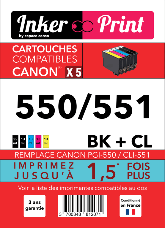 Pack de Cartouches d'encre recyclées compatibles avec CANON 550 / 551 XL (Noir et Couleurs)