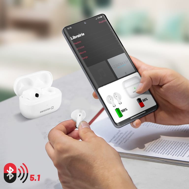 Écouteurs Sans Fil Swissten Minipods – Bluetooth 5.1, Autonomie 4h, Commande Tactile - vue 2