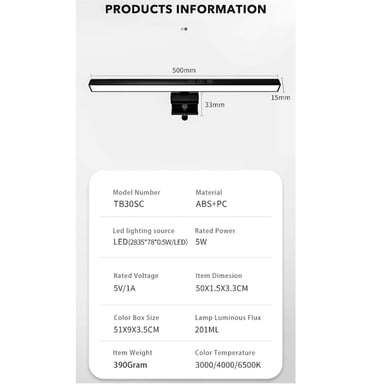 Elight I7 ordinateur portable et moniteur mince Fix lampe LED de soin des yeux 50 cm pour le bureau à domicile et l'étude noir