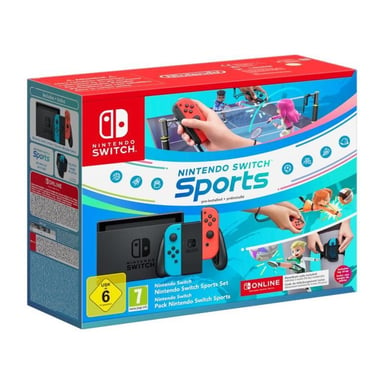 Switch y Nintendo Switch Sports (preinstalado) + 3 meses de suscripción a NSO (código), azul neón y rojo