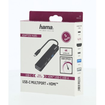 Concentrador USB-C, multipuerto, 5 puertos, 3 USB-A, USB-C, HDMI
