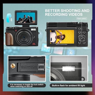 NBD K100 Appareil Photo numérique 4K & 56MP - Caméra Vlogging pour Youtube avec Zoom 16X - Carte SD 32GB - 2 Battries