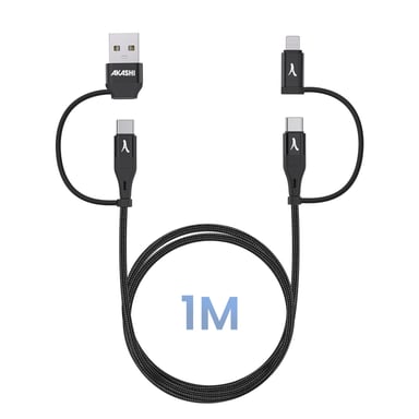 Akashi Cable 4 en 1 USB-C y USB a USB-C y Lightning Carga 20W 1m Negro