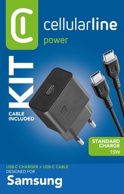 Cellularline USB-C Charger Kit 15W Le kit chargeur USB-C 15W recharge rapidement et en toute sécurité les appareils Samsung avec un port USB-C compatible avec la charge 15W.