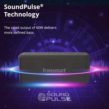 Altavoz Bluetooth Tronsmart Mega Pro de 60W, panel táctil intuitivo, 3 efectos de ecualización, tecnología SoundPulse, emparejamiento estéreo inalámbrico, conexión NFC, powerbank integrado, asistente de voz, altavoz inalámbrico para el hogar.