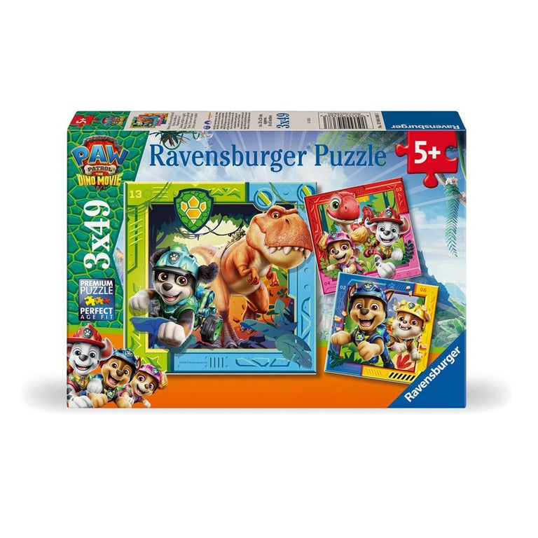 Ravensburger Set 3 puzzles x 49 pièces Paw Patrol Pat'Patrouille Pattes, Griffes et Rugissements ! Le film Mission Dino