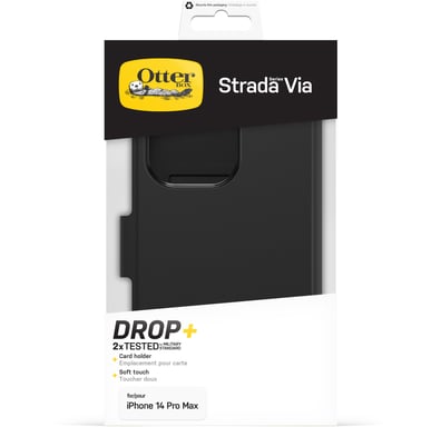 Etui Strada Coque pour iPhone 14 Pro Max, Antichoc, anti-chute, cuir de qualité, 2 porte-cartes, supporte 3 x plus de chutes que la norme militaire - Noir