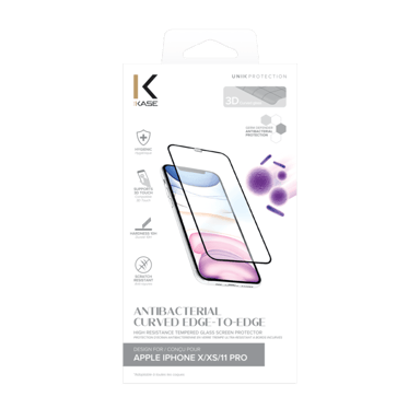 Protection d'écran antibactérienne en verre trempé ultra-résistant à bords incurvés pour Apple iPhone X/XS/11 Pro, Noir