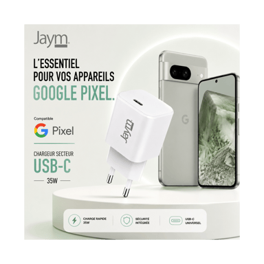 JAYM Chargeur USB C rapide 35W pour GOOGLE PIXEL 10A 10 PRO 10 PRO XL PRO 10 9a 9Pro 9 PRO XL 9