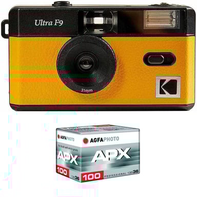 KODAK Pack F9 Argentique + Pellicule 100 ASA - Appareil Photo Kodak Rechargeable 35mm Jaune, Objectif Grand Angle Fixe, Viseur optique , Flash Intégré + Pellicule APX 100, 36 poses