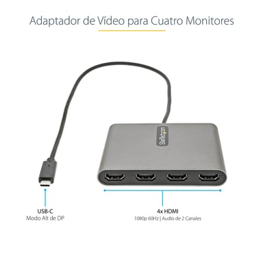 StarTech.com Adaptador USB-C a 4 Puertos HDMI - Tarjeta Gráfica y de Vídeo Externa - Dongle Llave USB Tipo C a 4x HDMI - 1080p a 60Hz - Conversor Mult