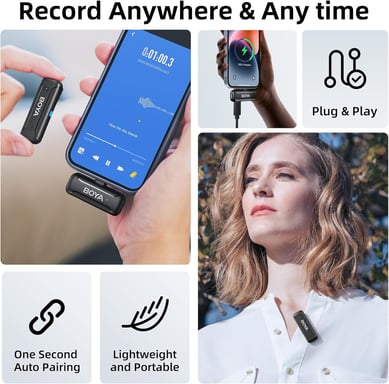 Sistema di microfono wireless BOYA BY-WM3T-D2 per iOS (Lightning) con doppio trasmettitore e raggio di azione di 100m