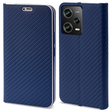 Moozy Étui Portefeuille pour Xiaomi Redmi Note 12 Pro 5G / Xiaomi Poco X5 Pro, Bleu Foncé Carbone - Étui à Rabat avec Bordure Métallique, Fermeture Magnétique, Flip Cover avec Porte-Cartes et Fonction Béquille