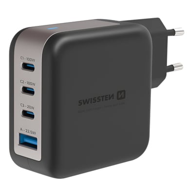 Swissten Cargador GaN 100W 3x USB-C + USB carga rápida compacto Negro