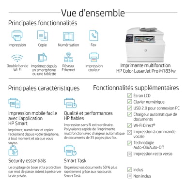 Stampante multifunzione HP Color LaserJet Pro M183fw, stampa, copia, scansione, fax, alimentatore automatico di documenti da 35 fogli; efficienza energetica; sicurezza migliorata; Wi-Fi a doppia banda