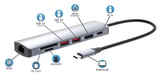 Manhattan Dock/hub USB-C con lector de tarjetas, puertos (5): Ethernet, HDMI, 2x USB-A y USB-C, con Power Delivery (PD) 100 W- requiere cargador USB-C externo (no incluido). Alimentado por USB (no requiere alimentación externa) cuando no se utiliza PD