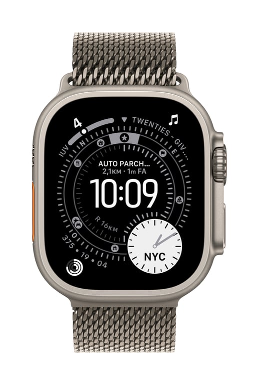 Smartwatch avec écran tactile 49mm processeur performant et design élégant.